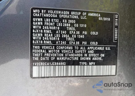 2018 Volkswagen Atlas 3.6L V6 Se from USA, damaged, VIN 1V2CR2CA1JC564662
